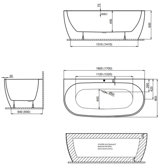 Risa wanna przyścienna risa 160x80 cm owalna zabudwana z odpływem biały